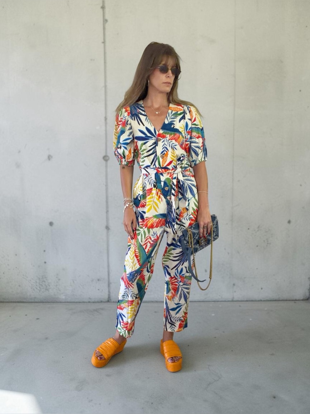 FARM Rio V-Neck Tropical Parrot Print Jumpsuit in Multi